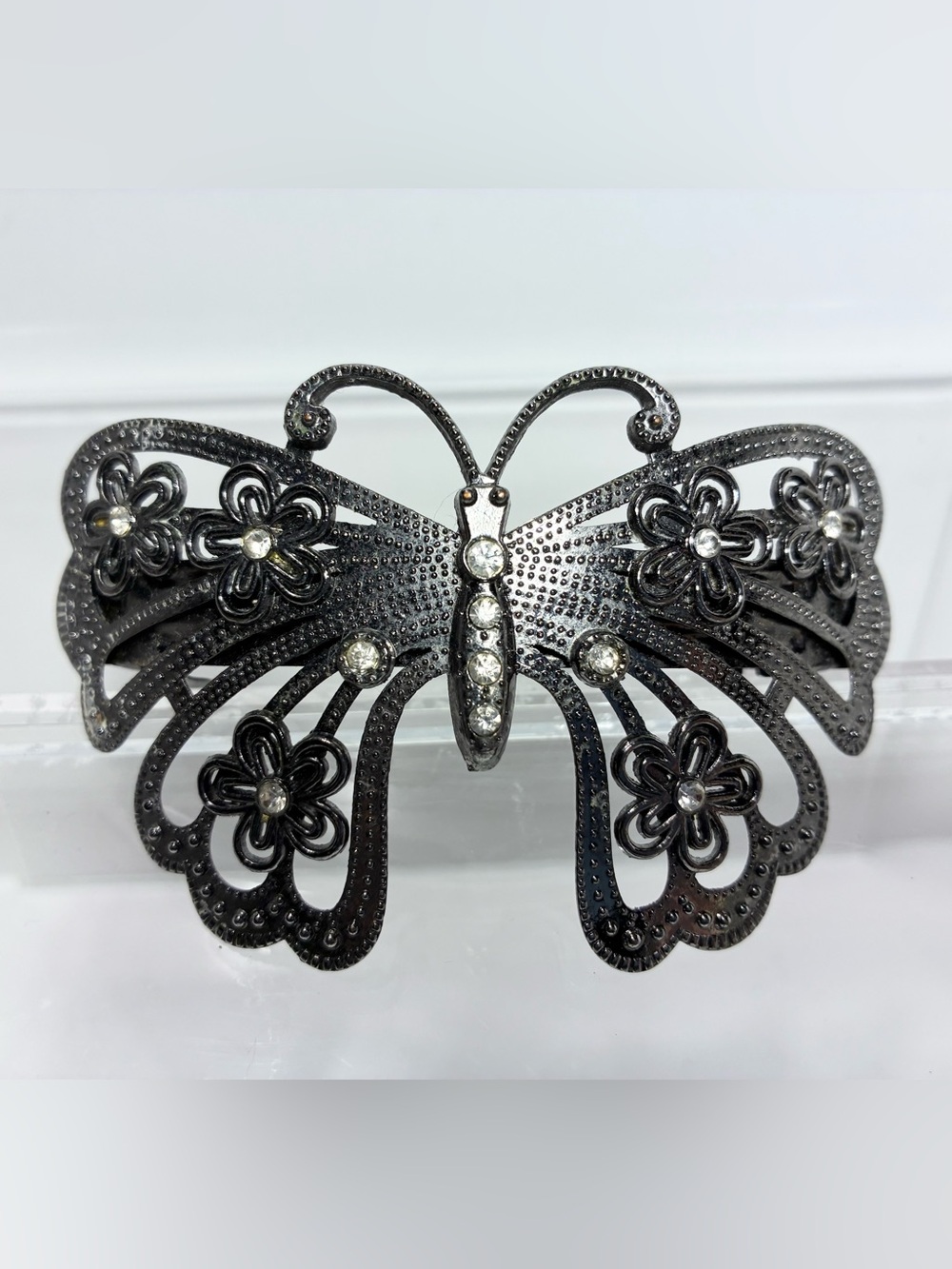 Y2K VTG Gunmetal Rhinestone Butterfly Hair Barrette Curved Floral 3.75”